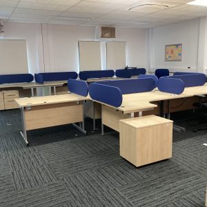 Desking and storage -x13 radius desks , x6 pedestals