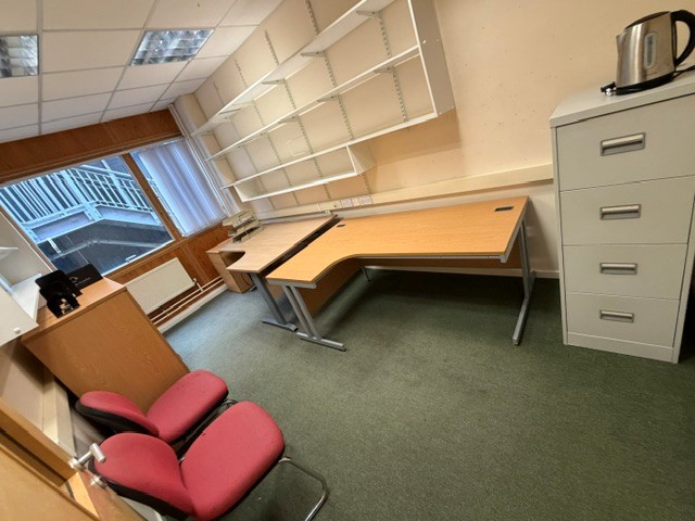 Radius Desk x2 and red chairs